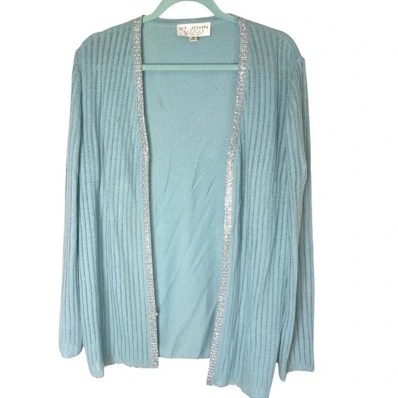 St John Evening Marie Gray Blue Knit Cardigan Sequin Trim Jacket Sz 12 USA Vtg - Picture 2 of 12